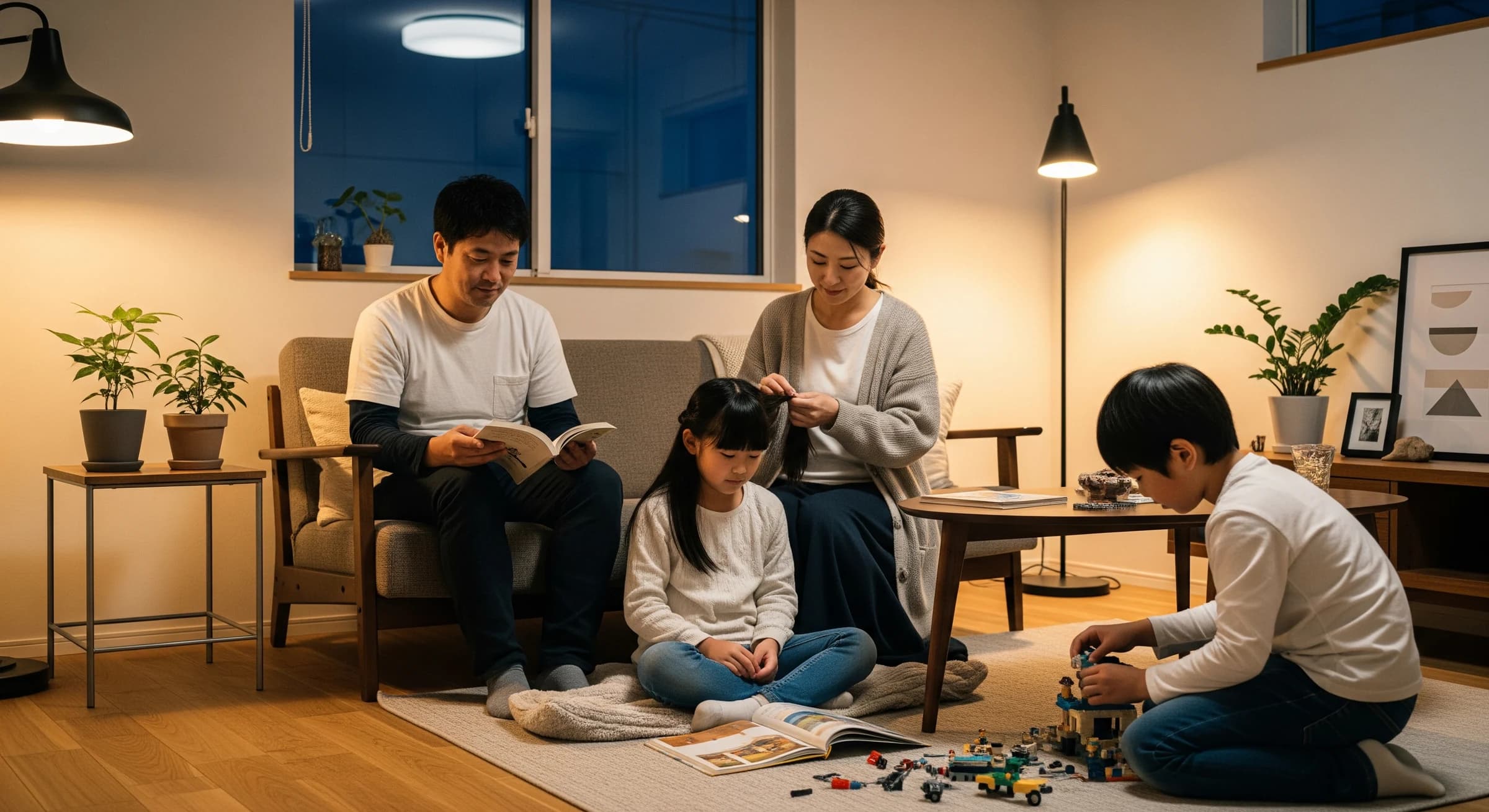 夜、リビングで穏やかに過ごすご家族