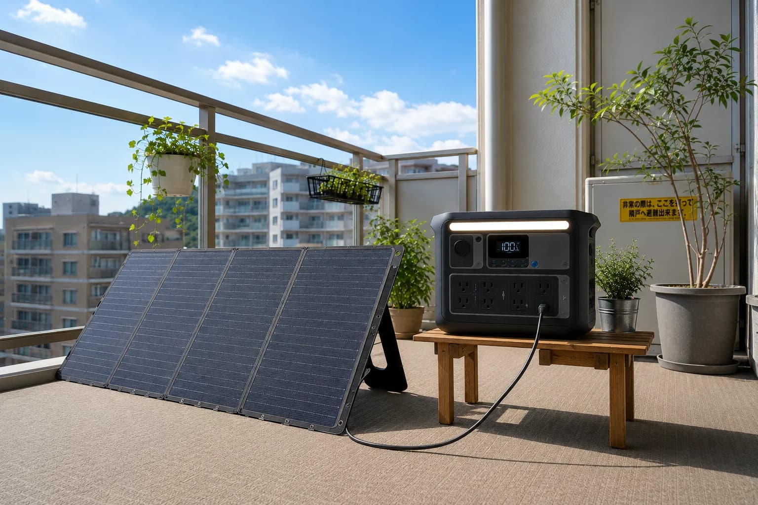 マンションのベランダで太陽光パネルを活用して充電する様子